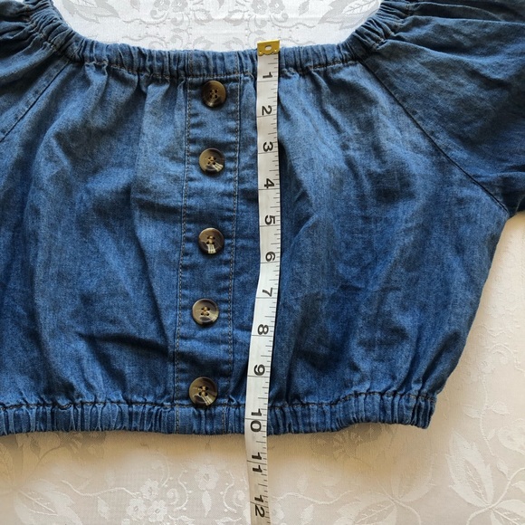 Knit Works Denim Off The Shoulder Cropped Top Girls Size S (7-8) Short Sleeves - Picture 6 of 16